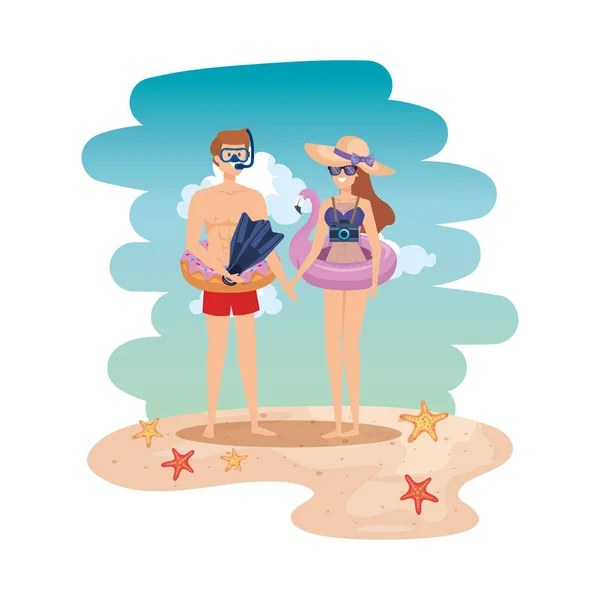 Young couple with float and equipment diving on the beach — Stock Vector