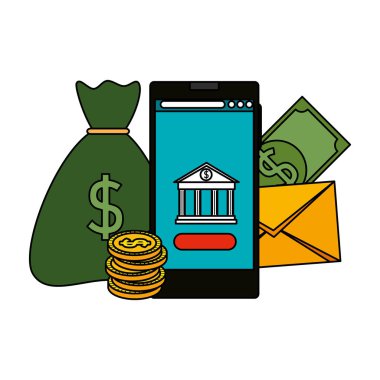 banka bina ve para simgeleri ile akıllı telefon