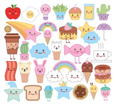 emojis hayvanlar ve gıda kawaii karakter demeti