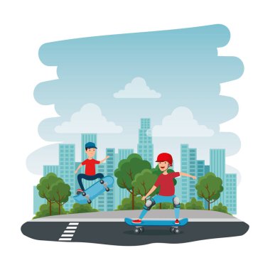 happy young boys in skateboard on the park with road clipart