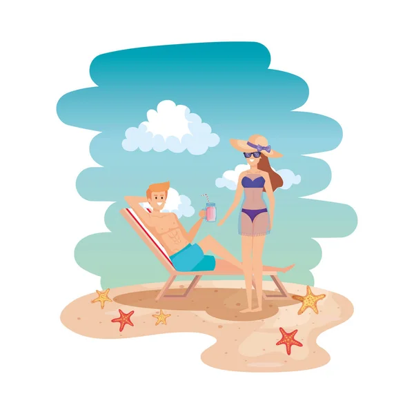 Young couple relaxing in chair drinking juice on the beach — Stock Vector