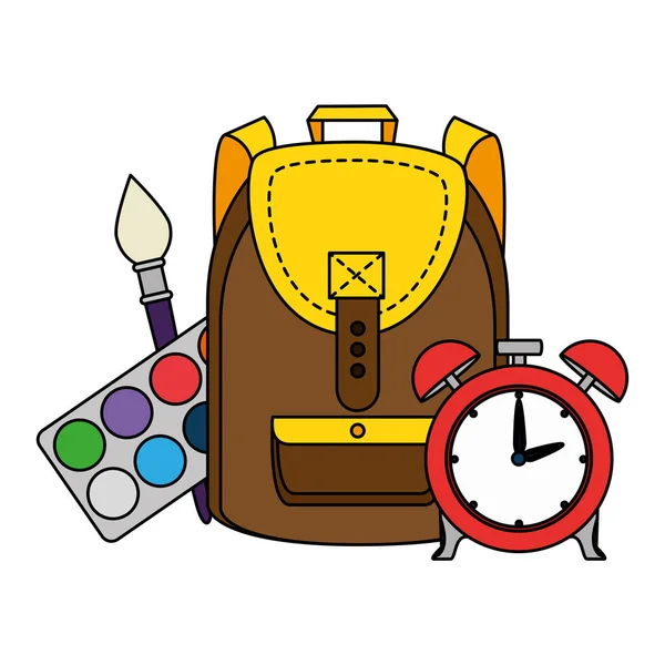 Школьная сумка с будильником и краской — стоковый вектор