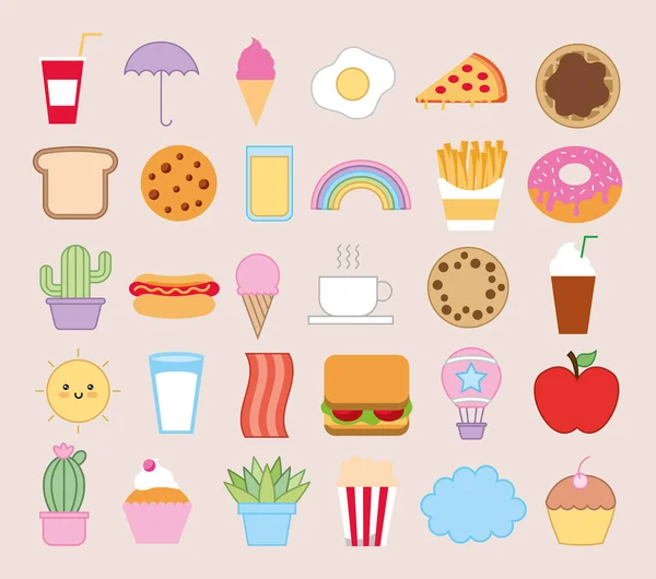 Paquete de emojis panadería y comida rápida kawaii personajes — Vector de stock