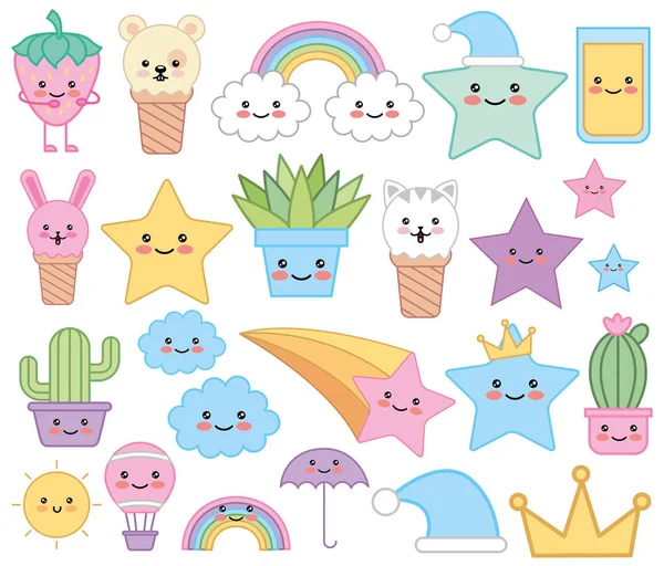 Bündel von Emojis märchenhafte Kawaii-Figuren — Stockvektor