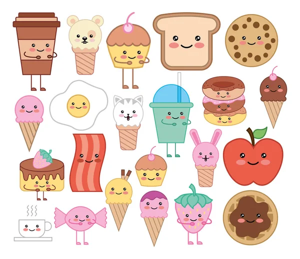 Fascio di emoji cibo kawaii personaggi — Vettoriale Stock