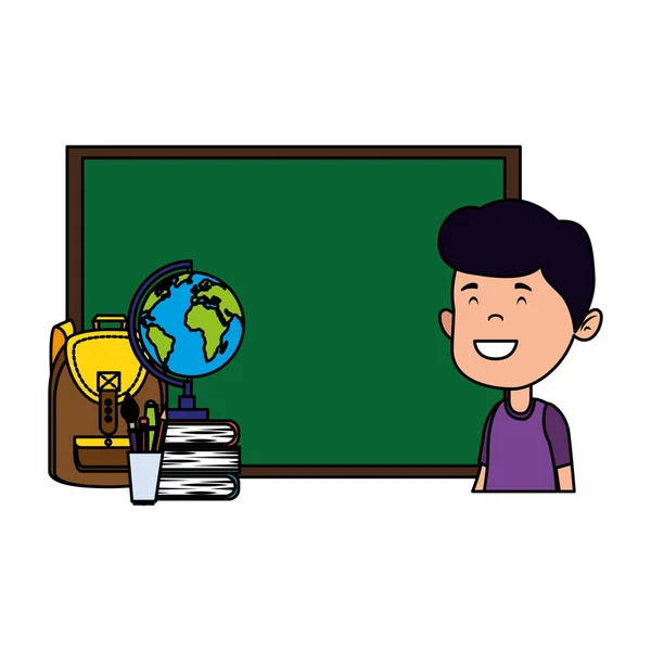 Niño estudiante feliz con pizarra y mapa del mundo — Vector de stock