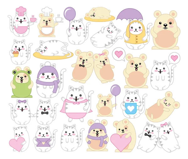 Bundle of cats and mouses kawaii characters — Stock Vector