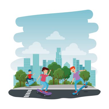 yol ile parkta kaykay mutlu genç çocuklar