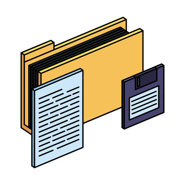 Carpeta con archivos de documentos y disquete — Vector de stock