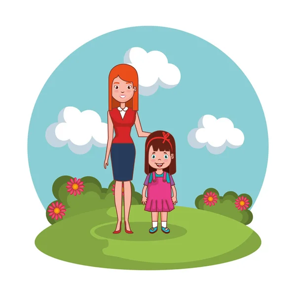 Mother with daughter family in the landscape — Stock Vector