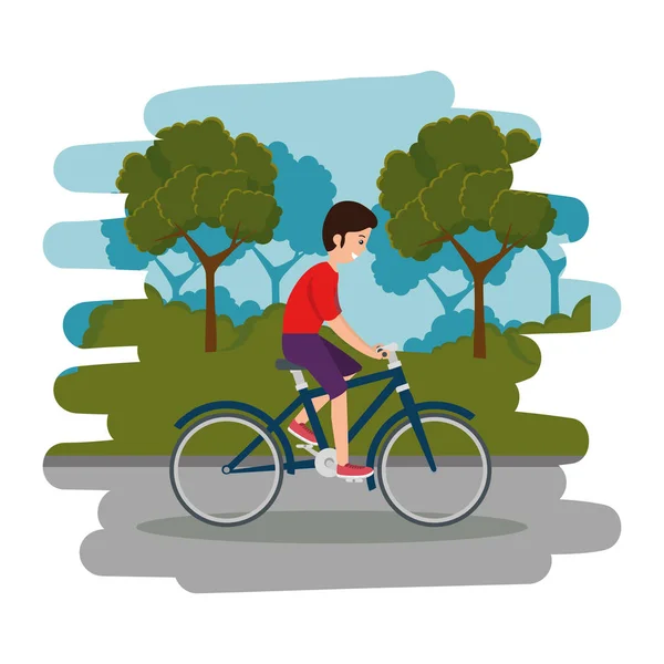 快乐运动男孩骑自行车在公园 — 图库矢量图片