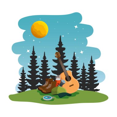 gece sahnesinde ekipman ile kamp bölgesi