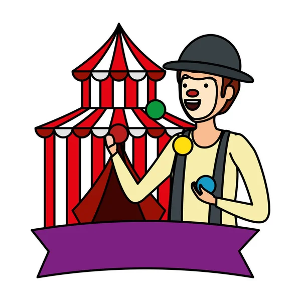 Zirkusclown jongliert mit Bällen im Zelt — Stockvektor