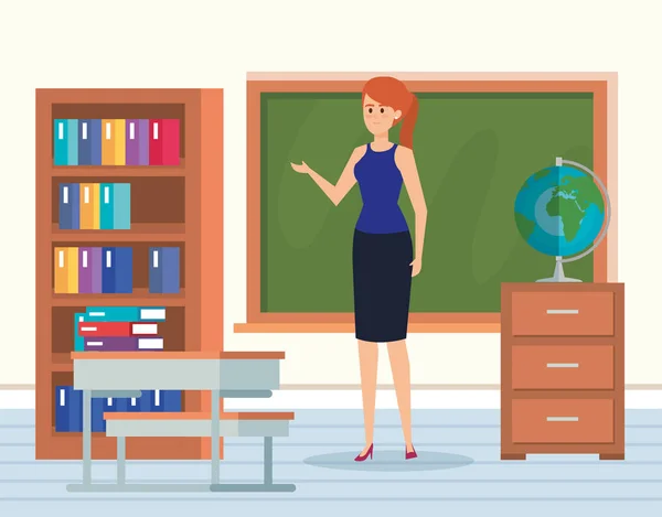 woman teacher in the classroom with desk and bookcase