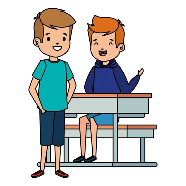 Pequenos estudantes felizes meninos sentados na mesa da escola — Vetor de Stock