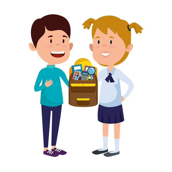 Счастливые маленькие студенты пара со школьной сумкой — стоковый вектор
