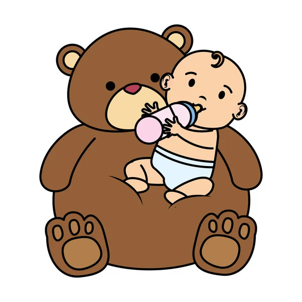 Χαριτωμένο μικρό κοριτσάκι με μπουκάλι γάλακτος και αρκούδα αρκουδάκι — Διανυσματικό Αρχείο