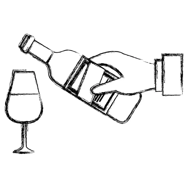 手与酒瓶和杯子 — 图库矢量图片