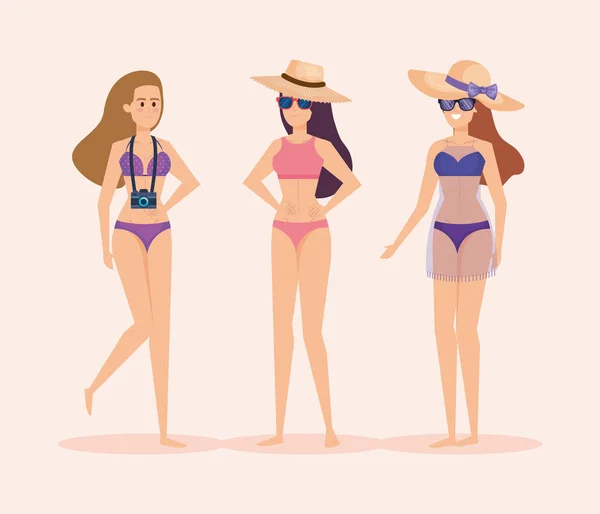 Conjunto de mujeres con traje de baño con sombrero y cámara con gafas de sol — Vector de stock