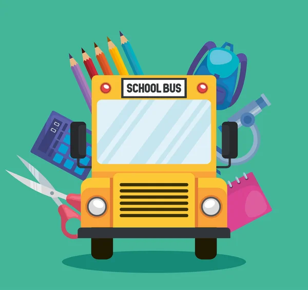 校车与铅笔的颜色和背包与计算器 — 图库矢量图片