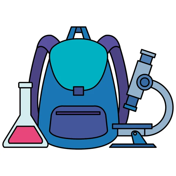 Поставка школьной сумки с микроскопом и пробиркой — стоковый вектор