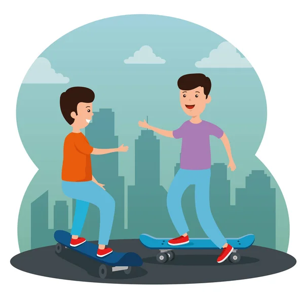 Boys kids playing skateboard with casual clothes — Stock Vector