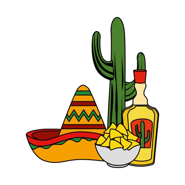 Tequila con sombrero mexicano y nachos c — Vector de stock