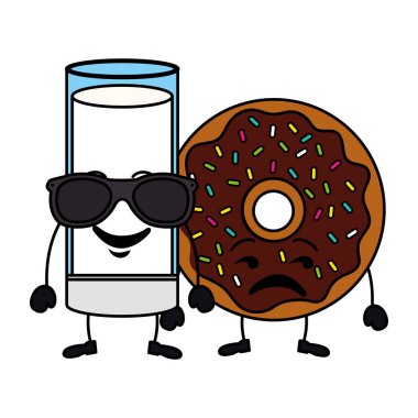 lezzetli süt cam ve çörek kawaii karakterler