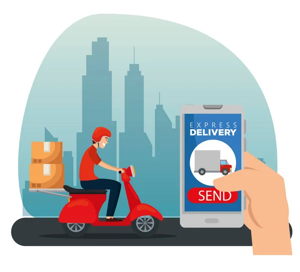 Smartphone ręczny z ciężarówką i człowiekiem na motocyklu — Wektor stockowy