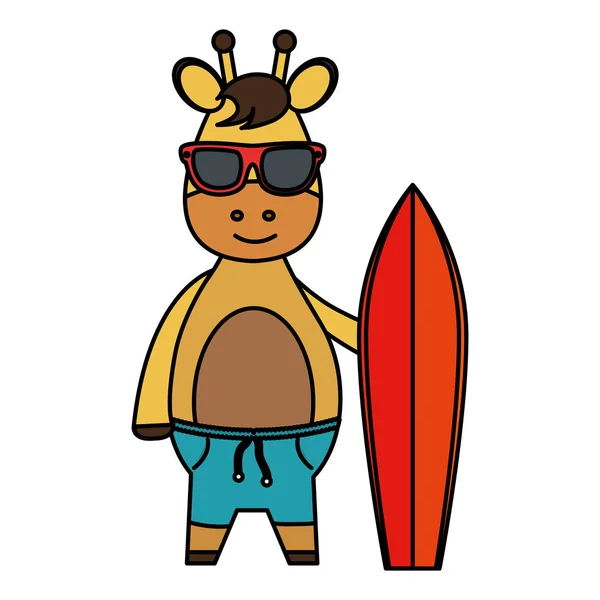 Yaz güneş gözlüğü ve sörf tahtası ile zürafa — Stok Vektör