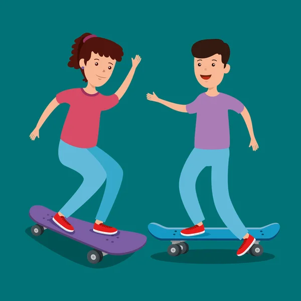 Mädchen und Jungen spielen Skateboard — Stockvektor