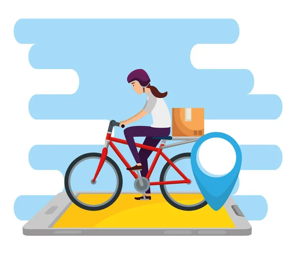 Mujer con paquete de bicicleta y caja en el teléfono inteligente — Archivo Imágenes Vectoriales