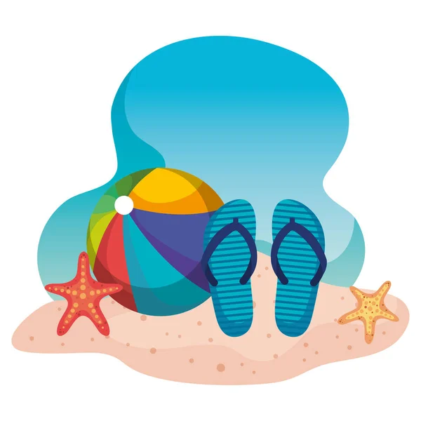 Пляжный мяч с шлепанцами и морскими звездами в пляжном песке — стоковый вектор