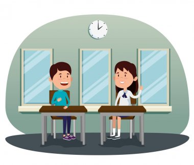 pencere ve saat ile masada kız ve erkek öğrenciler