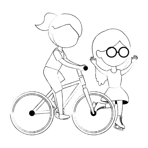 Μικρά κορίτσια φίλοι ιππασία με το ποδήλατο και πατίνια χαρακτήρες — Διανυσματικό Αρχείο