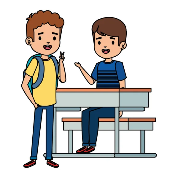 Gelukkige kleine studenten jongens zittend in school Bureau — Stockvector