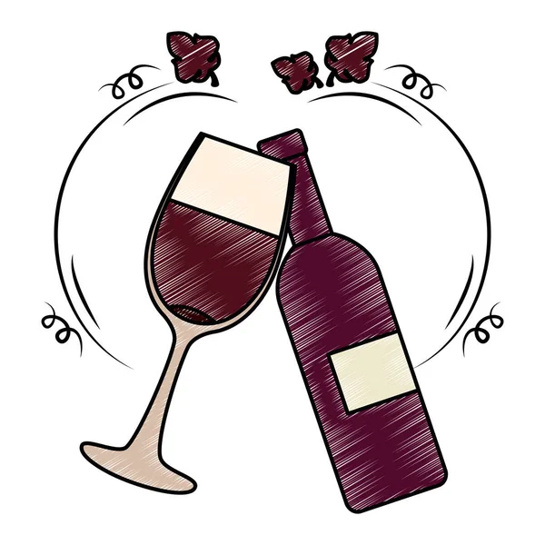 Botella de vino y copa con hojas — Archivo Imágenes Vectoriales