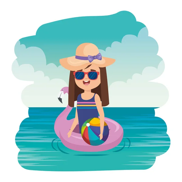 Μικρό κορίτσι με φλαμανδικό άρμα και μπαλόνι παραλίας στη θάλασσα — Διανυσματικό Αρχείο