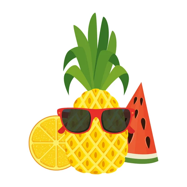 Летний ананас с солнцезащитными очками характер и фрукты — стоковый вектор