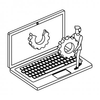 dizüstü bilgisayar ve vites ayarları ile genç adam