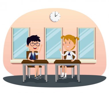 üniforma ve saat ile masada kız ve erkek öğrenciler