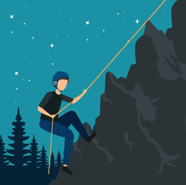 Hombre escalando en la naturaleza montaña con cuerda — Vector de stock