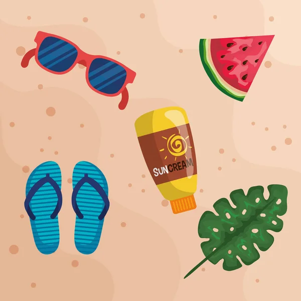 Óculos de sol com fruta de melancia e creme solar com chinelo — Vetor de Stock