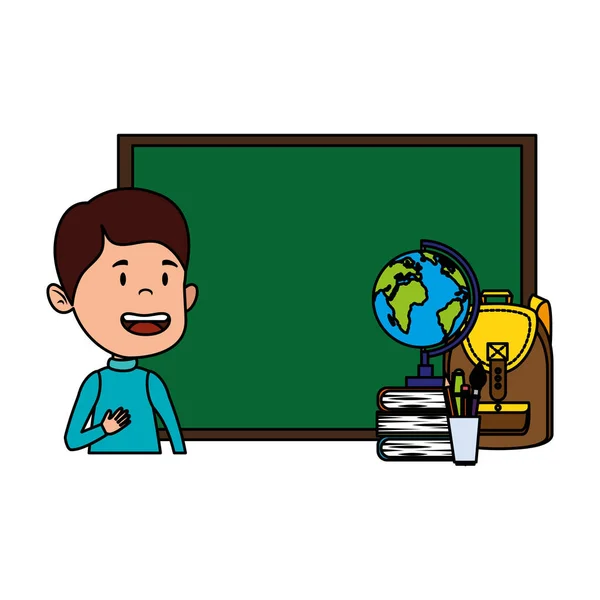 快乐的学生男孩与黑板和世界地图 — 图库矢量图片