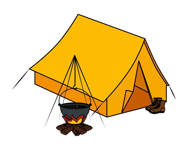 Tenda camping com fogo de madeira e botas — Vetor de Stock