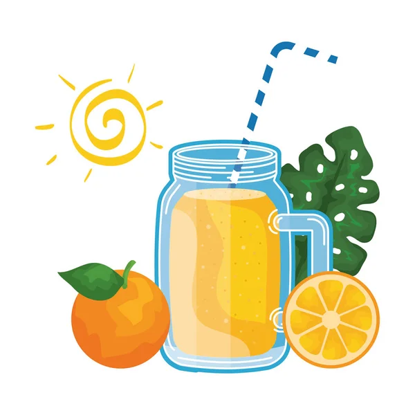 Suco frasco de frutas de laranja com palha e sol — Vetor de Stock