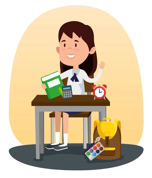 Girl student in the desk with book and calculator with clock — Stock Vector