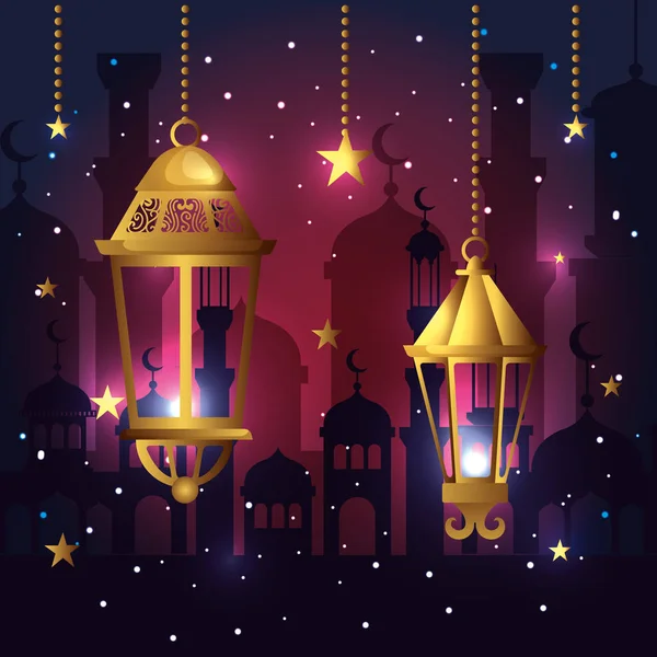 Ramazan kareem asılı yıldız ile lambalar — Stok Vektör