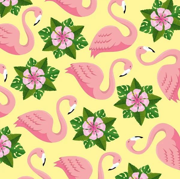 Flamants roses tropicaux et fleurs avec fond de feuilles — Image vectorielle