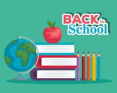 elma meyve ve kalem renkleri ile küresel harita ile kitap